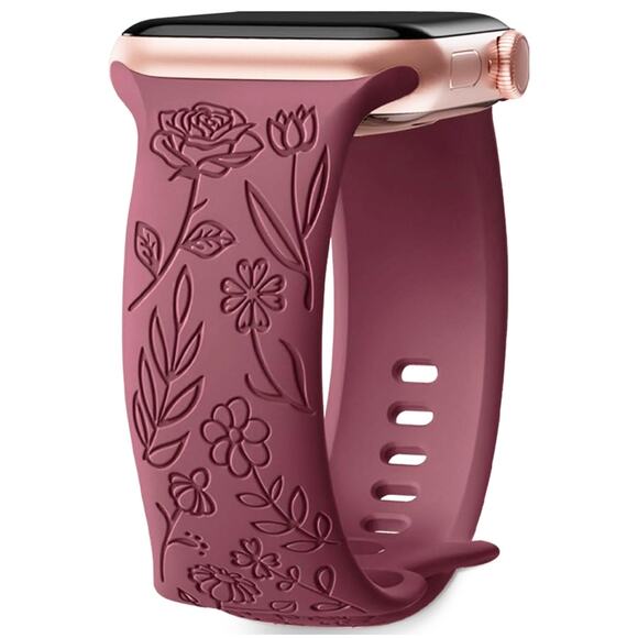 Unbranded Apple iWatch 9/8/7 SE Engraved Rose Floral 34mm Silicone Watch Band - Picture 1 of 8